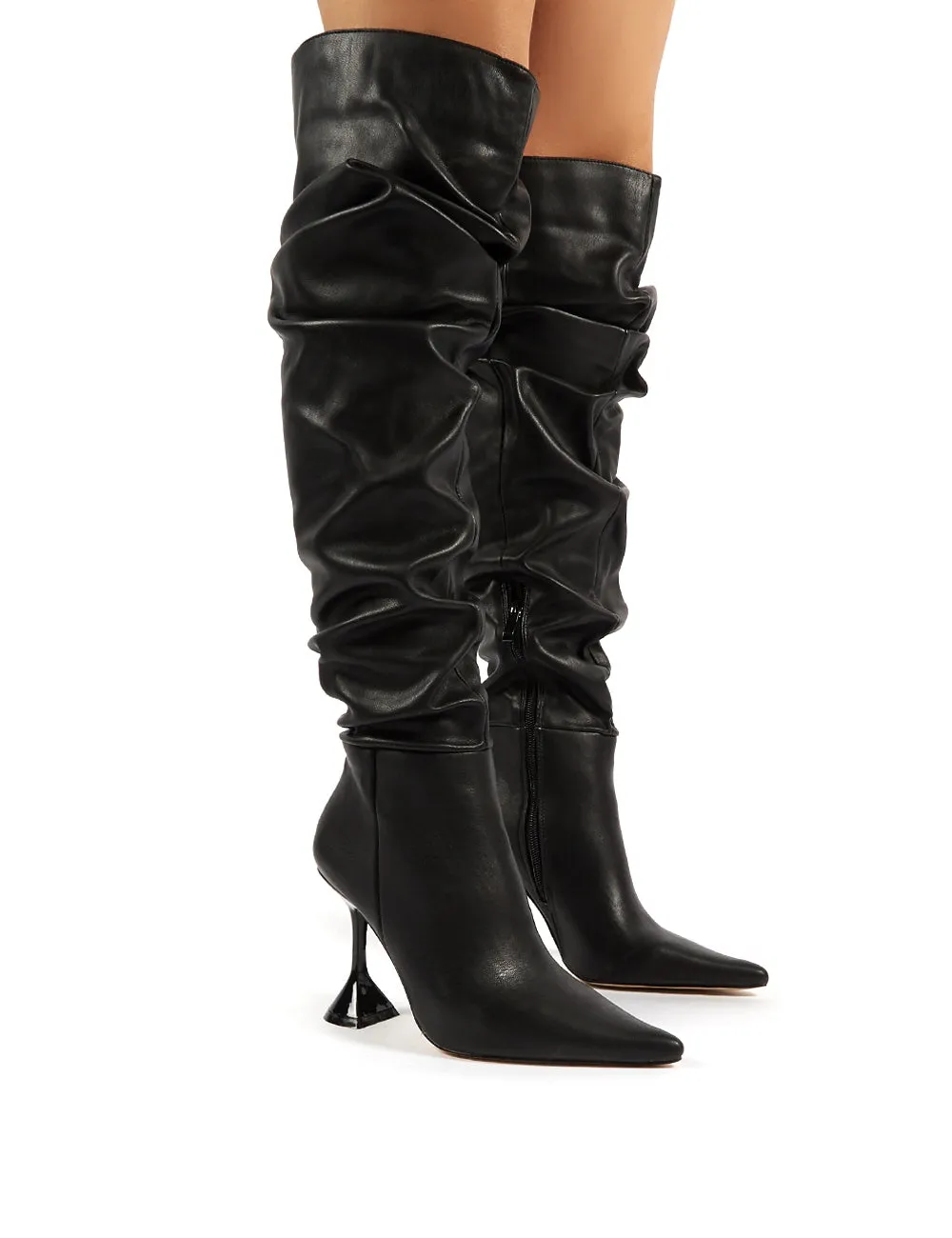 Adalee Black PU Statement Heeled Slouch Over the Knee Boots