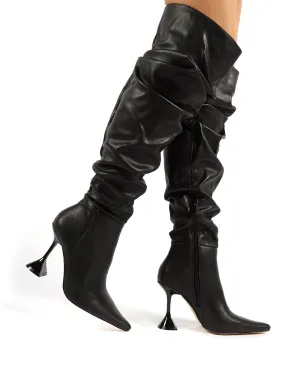 Adalee Black PU Statement Heeled Slouch Over the Knee Boots