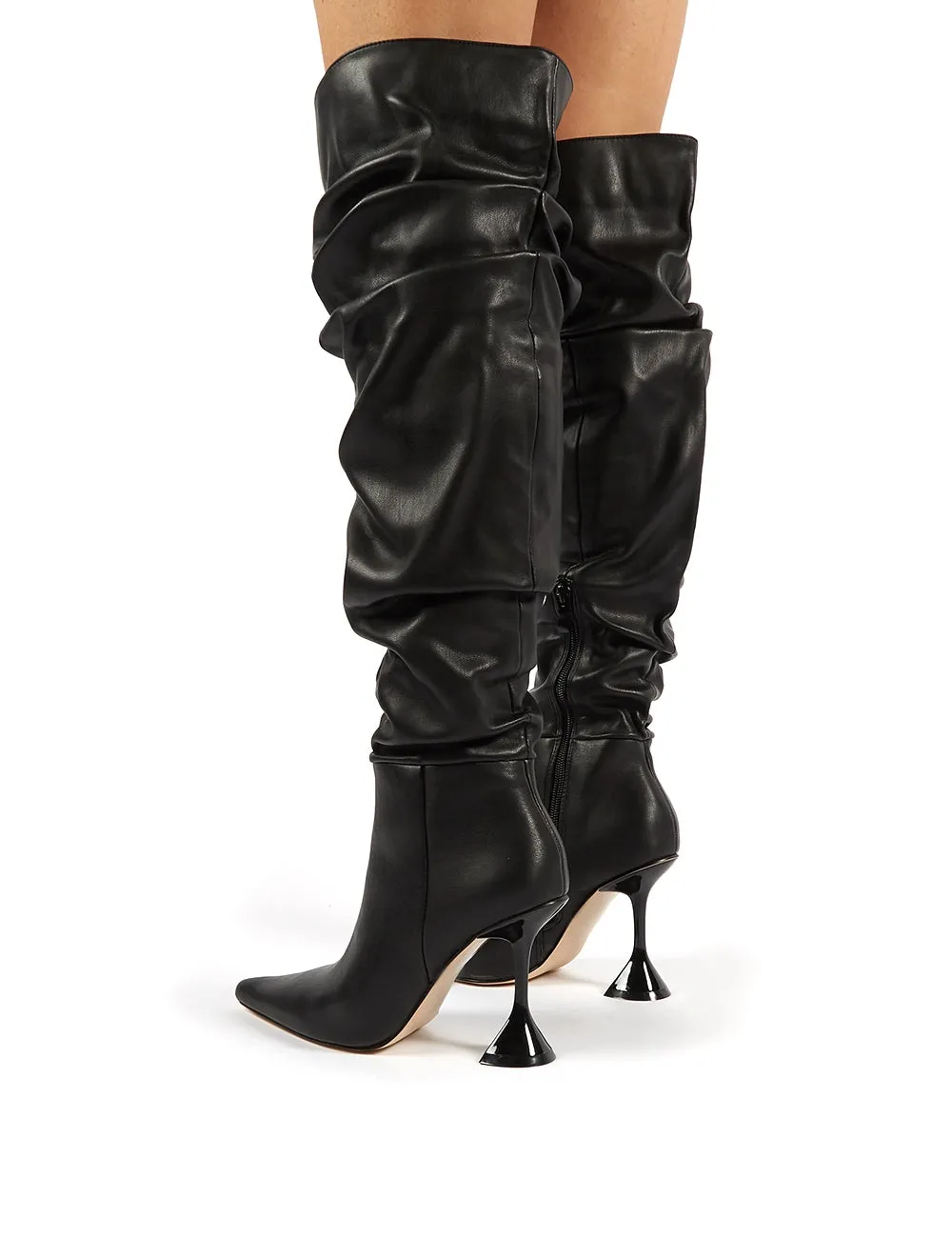 Adalee Black PU Statement Heeled Slouch Over the Knee Boots