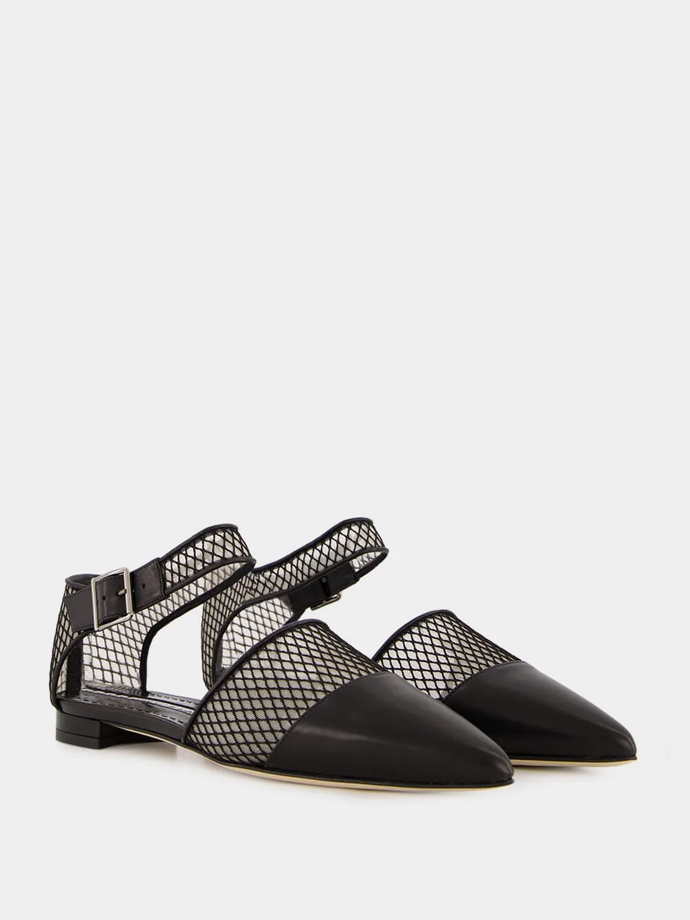 Black Nappa Leather Ankle Strap Flat Pumps