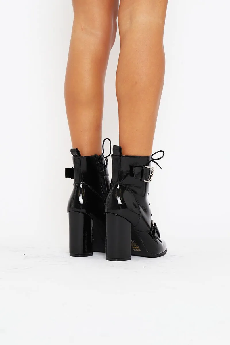 Black Patent Buckle Pointed Boots - Canyon