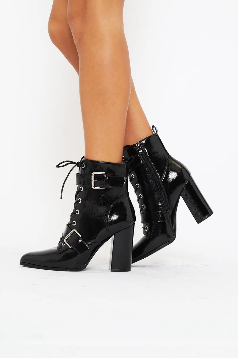 Black Patent Buckle Pointed Boots - Canyon