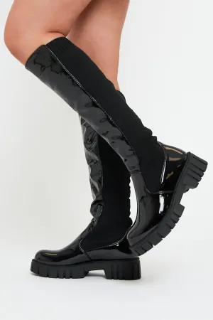 Black PU Patent Faux Leather Knee High Boots - Lain