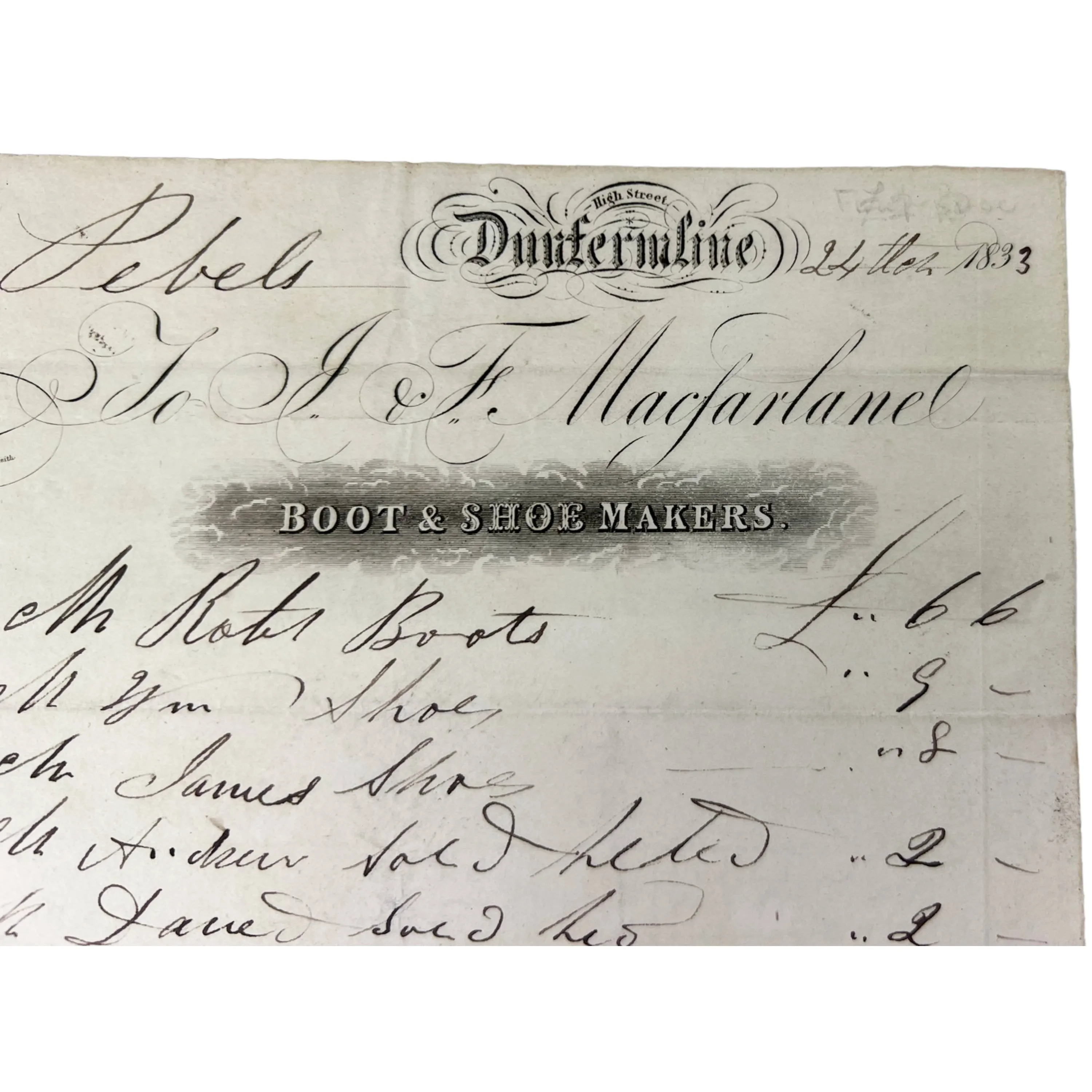 Dated 1833 Antique Bill Scottish Boot and Shoe Maker J & F Macfarlane Dunfermline High Street