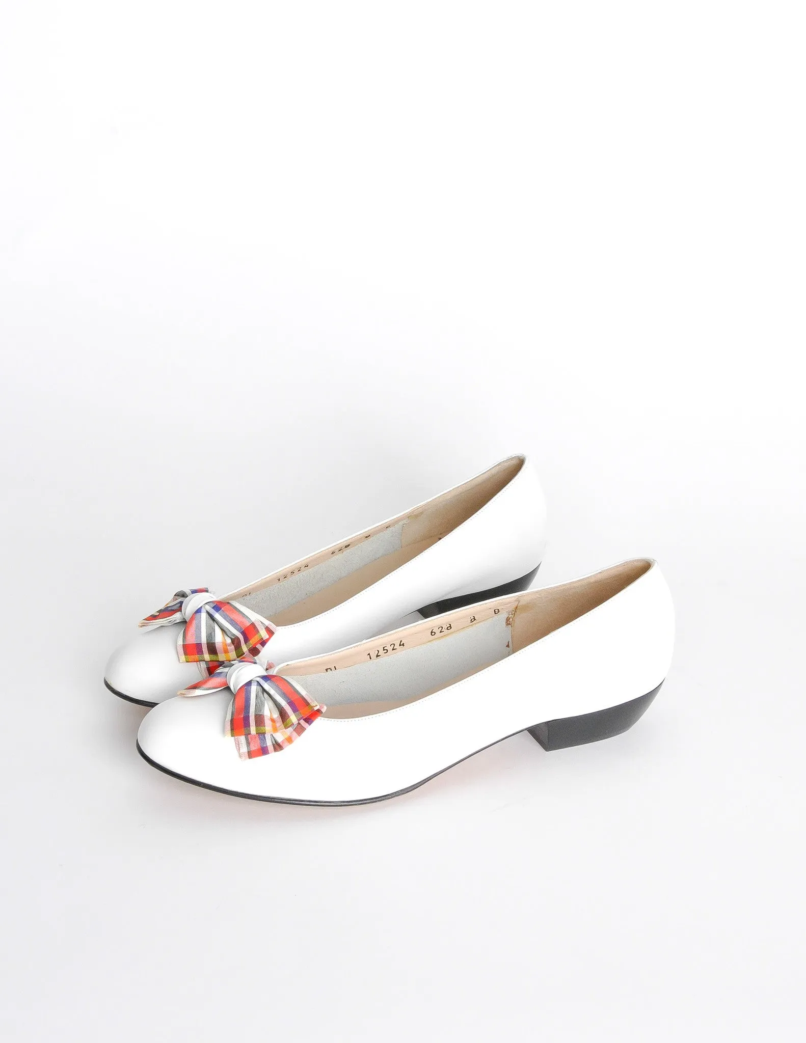 Ferragamo Vintage White and Plaid Bow Front Pump Shoes