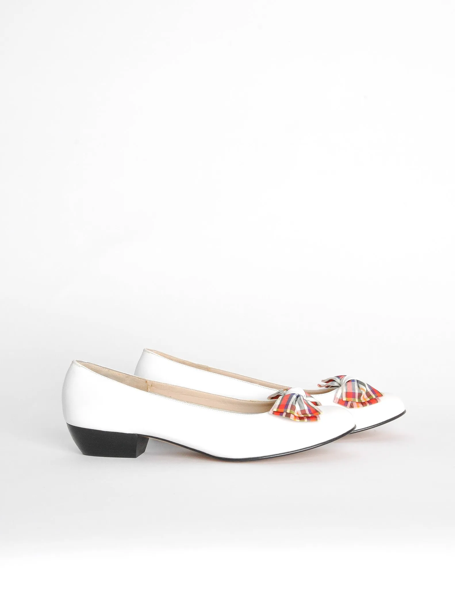 Ferragamo Vintage White and Plaid Bow Front Pump Shoes