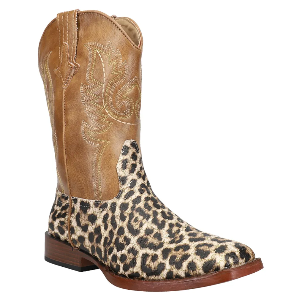 Glitter Leopard Square Toe Cowboy Boots (Big Kid)