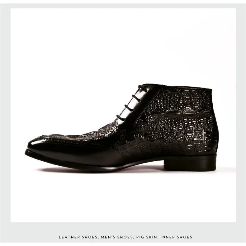 LuxeCroco Genuine Leather Lace-Up Exotic Ankle Boots