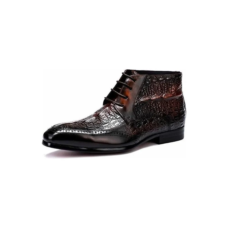 LuxeCroco Genuine Leather Lace-Up Exotic Ankle Boots