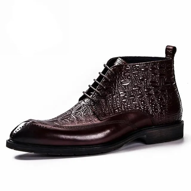 LuxeCroco Genuine Leather Lace-Up Exotic Ankle Boots