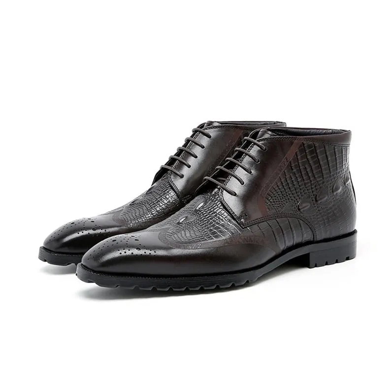 LuxeCroco Genuine Leather Lace-Up Exotic Ankle Boots