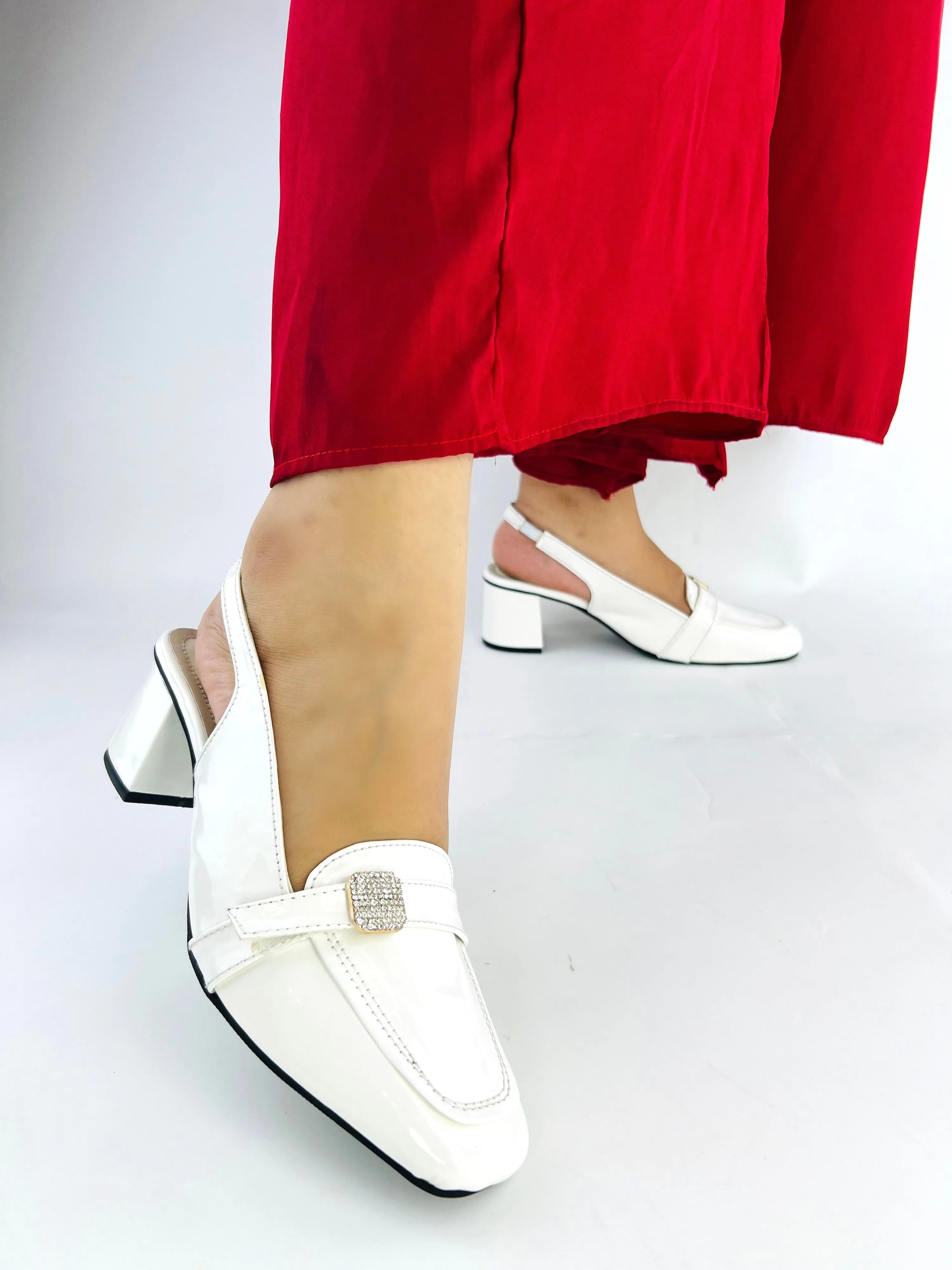 Spunkz White Mid Block Heel Closed Square Toe Slingback Pumps Shoes