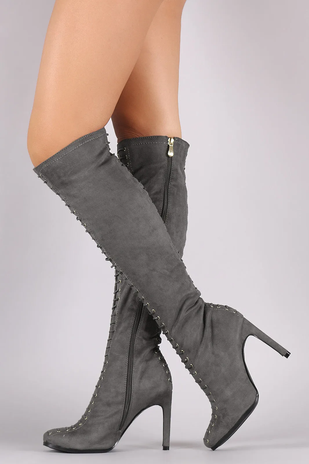 Suede Grommets Corset Lace Up Stiletto Boots