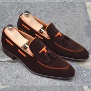 Tailor Made Handmade Brown Suede With Orange Leather Slip On Loafer Tassel Moccasin Shoes