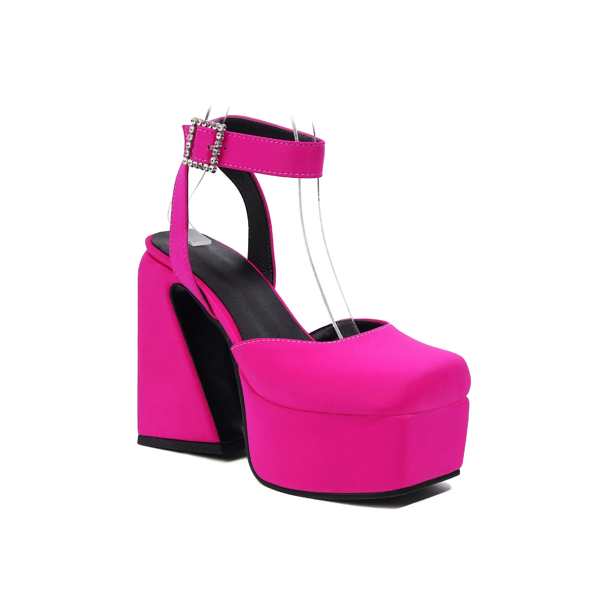 Women's Peep Toe Matte Buckle Thick High Heel Sandals